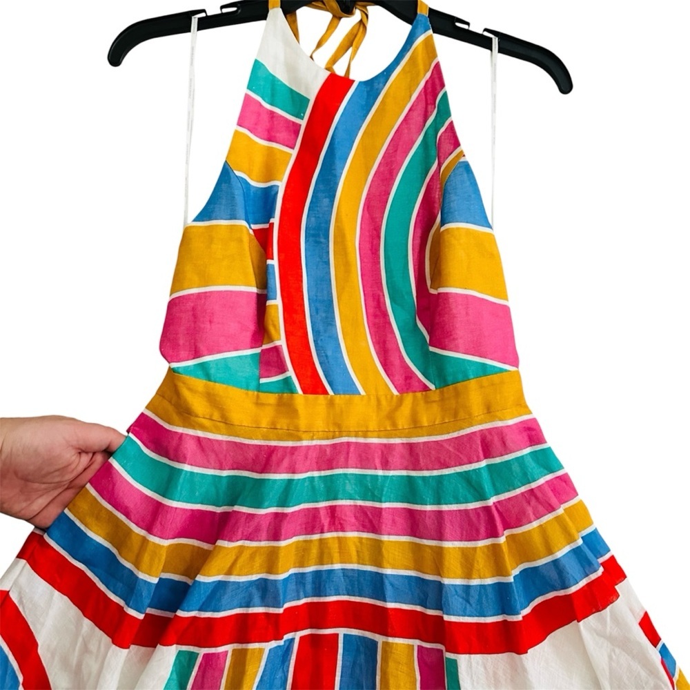 Zimmermann Fiesta Rainbow Striped Linen Halter Neck Midi Dress size 2 | US 10 - Picture 7 of 16